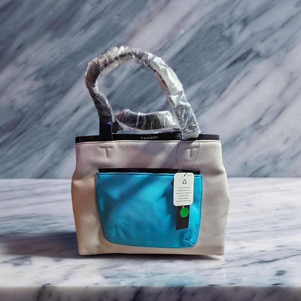 Tahari Bette Satchel Vegan Leather Crossbody Bag Cream with blue NWT